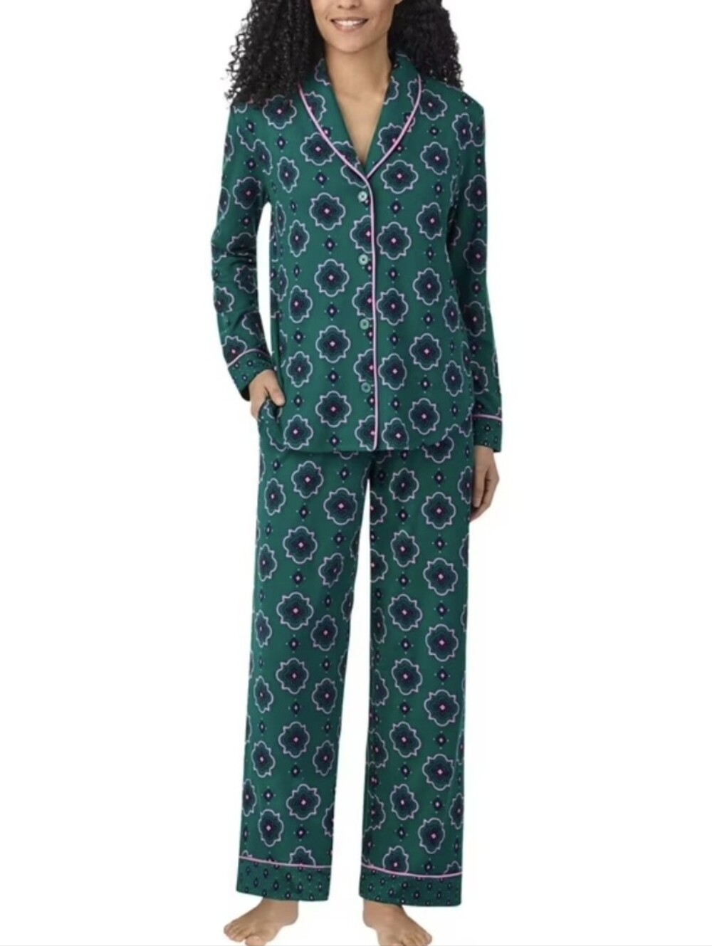 Room Service Pajama Set Green Geo Pants/Long Sleeve Shirt Soft Jersey Knit Sz S